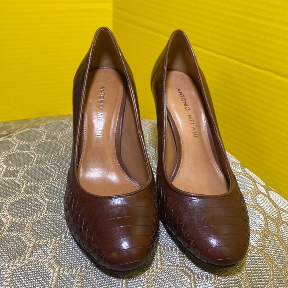 Antonio Melani Brown leather woven heels